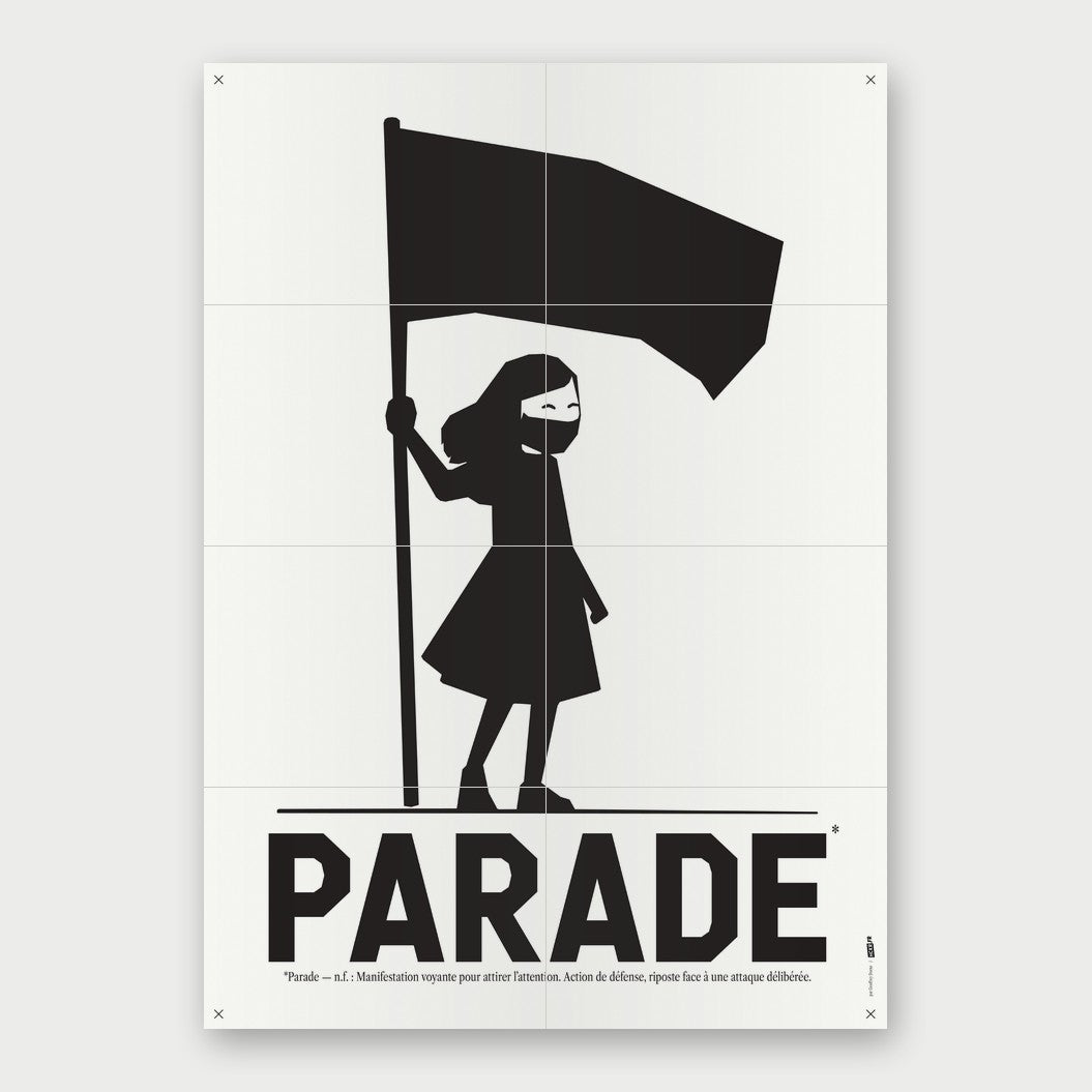 Au dos de la feuille, l’affiche PARADE : une silhouette brandit un drapeau