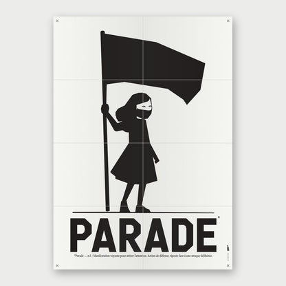 Au dos de la feuille, l’affiche PARADE : une silhouette brandit un drapeau