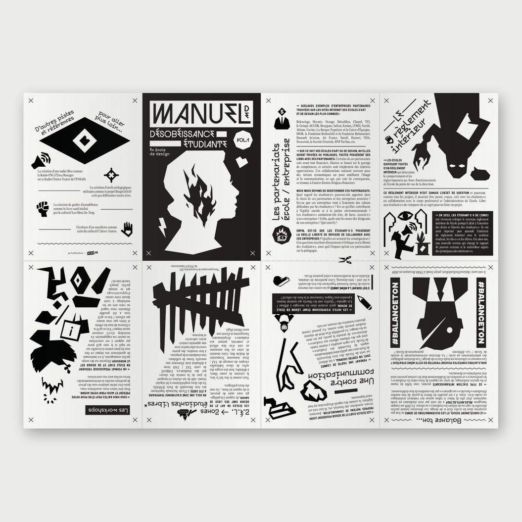 La feuille A4 dépliée avec les huit pages du zine