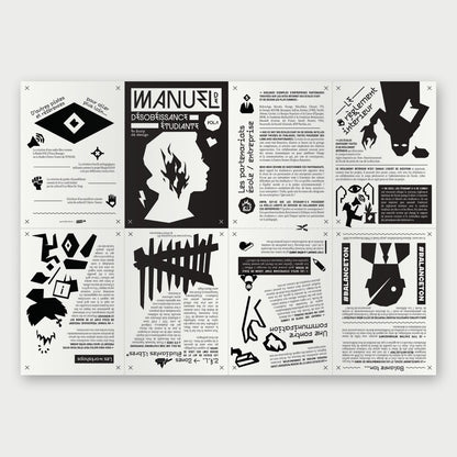 La feuille A4 dépliée avec les huit pages du zine